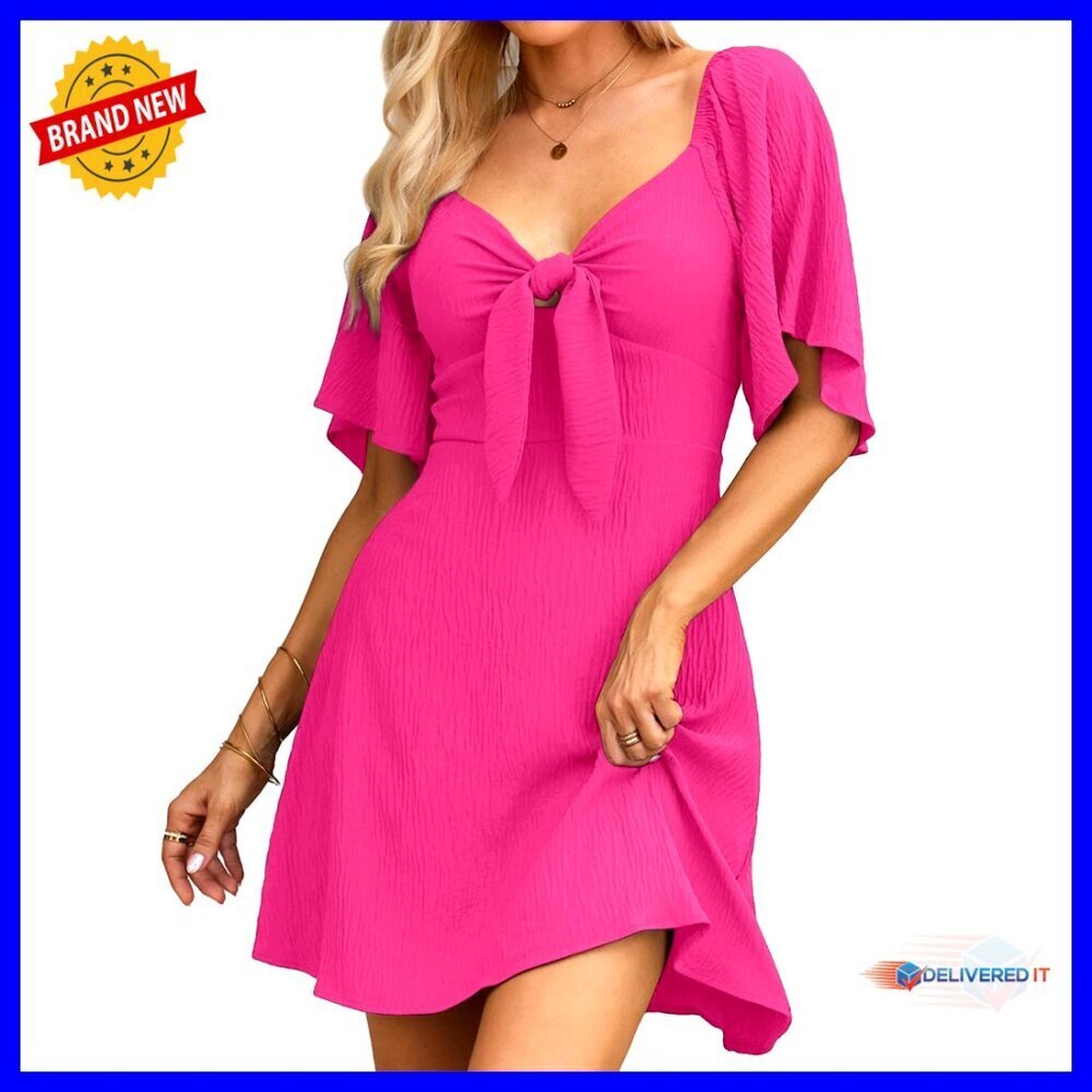 Deep V Neck Mini Dress Elegant Bow Tie Flowy Summer Casual Chic Party Wear